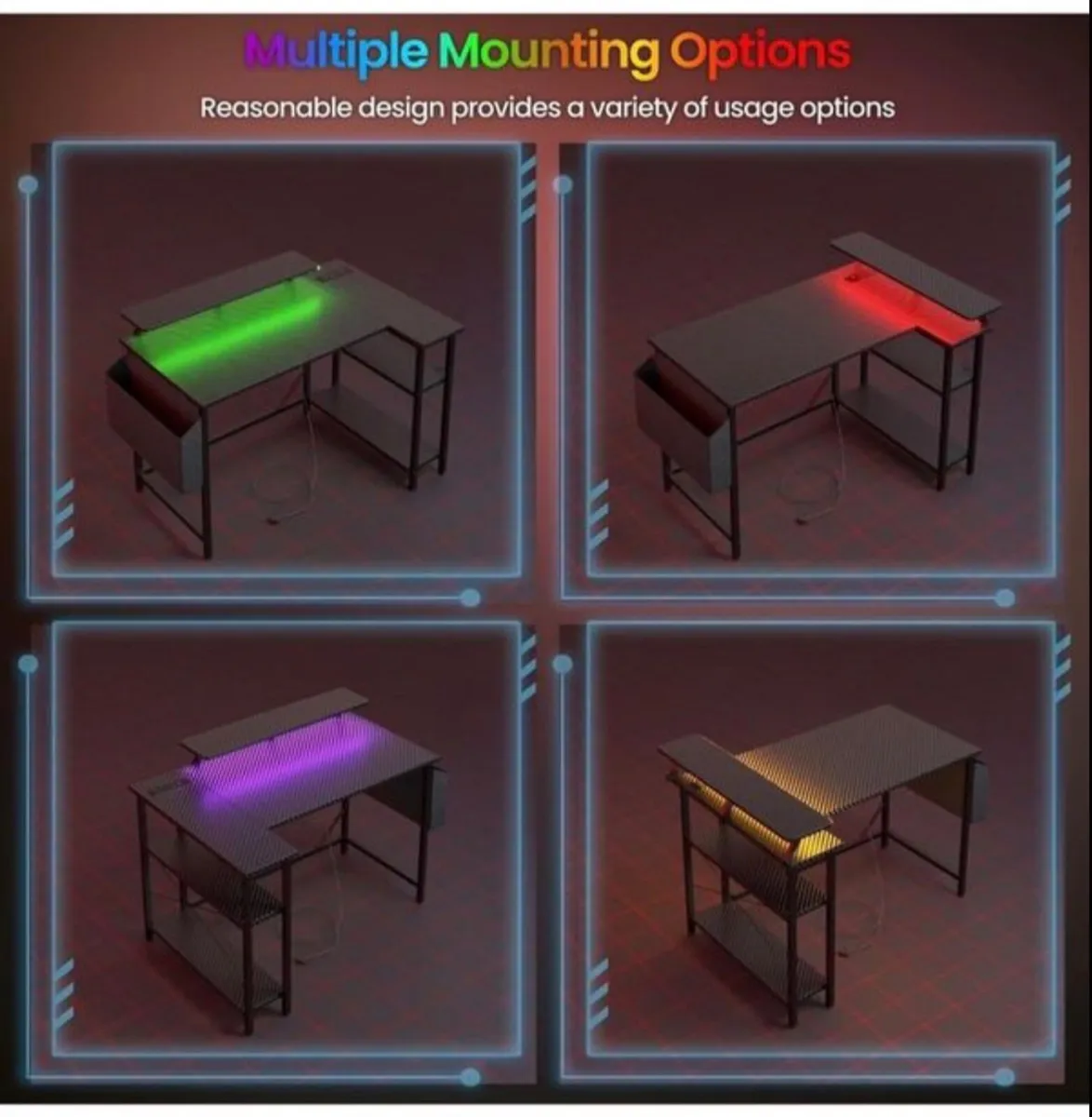 L Shaped Gaming Desk with LED Lights & Power O - Image 2