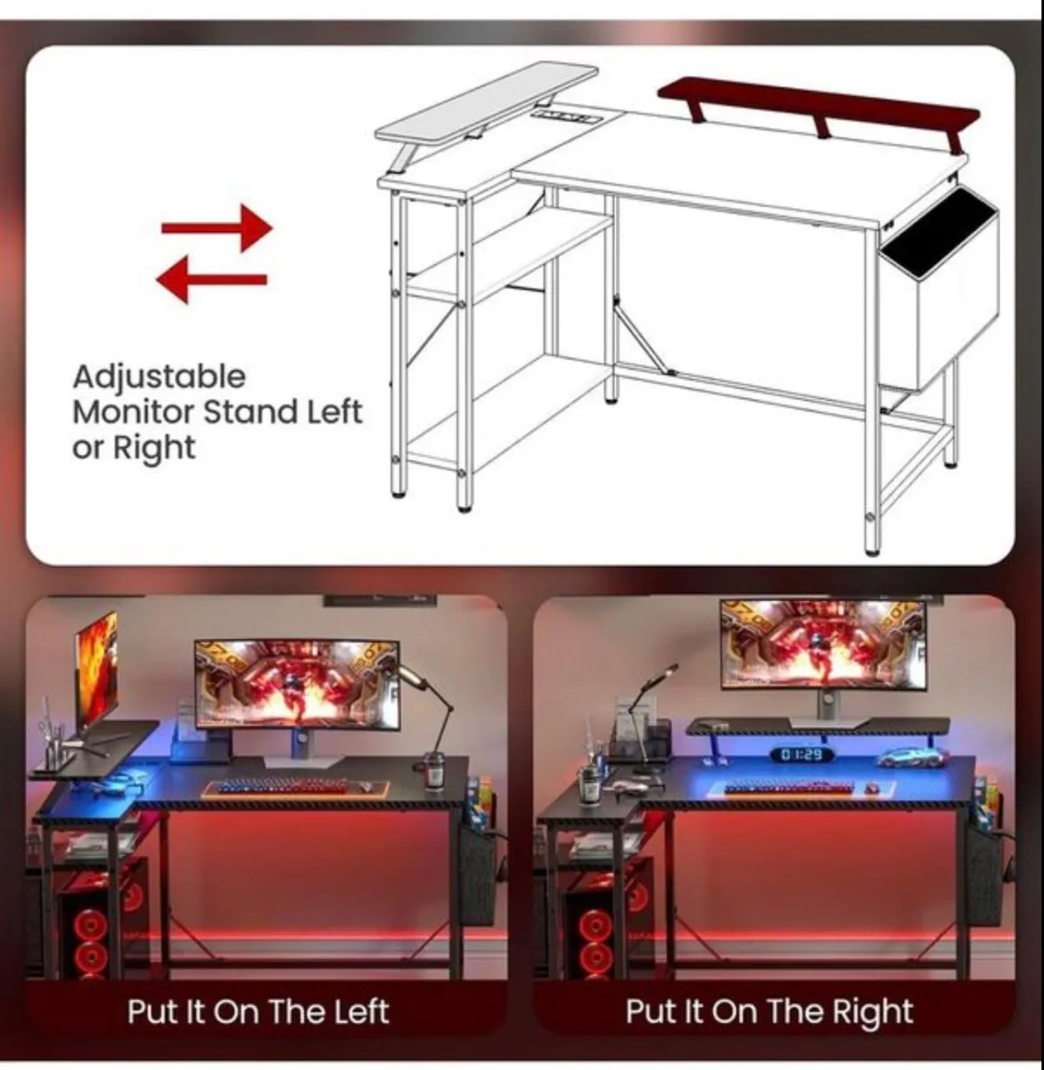 L Shaped Gaming Desk with LED Lights & Power O - Image 3