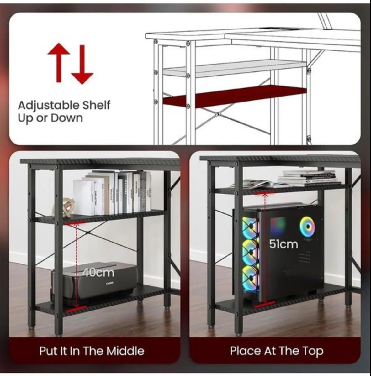 L Shaped Gaming Desk with LED Lights & Power O - Image 4