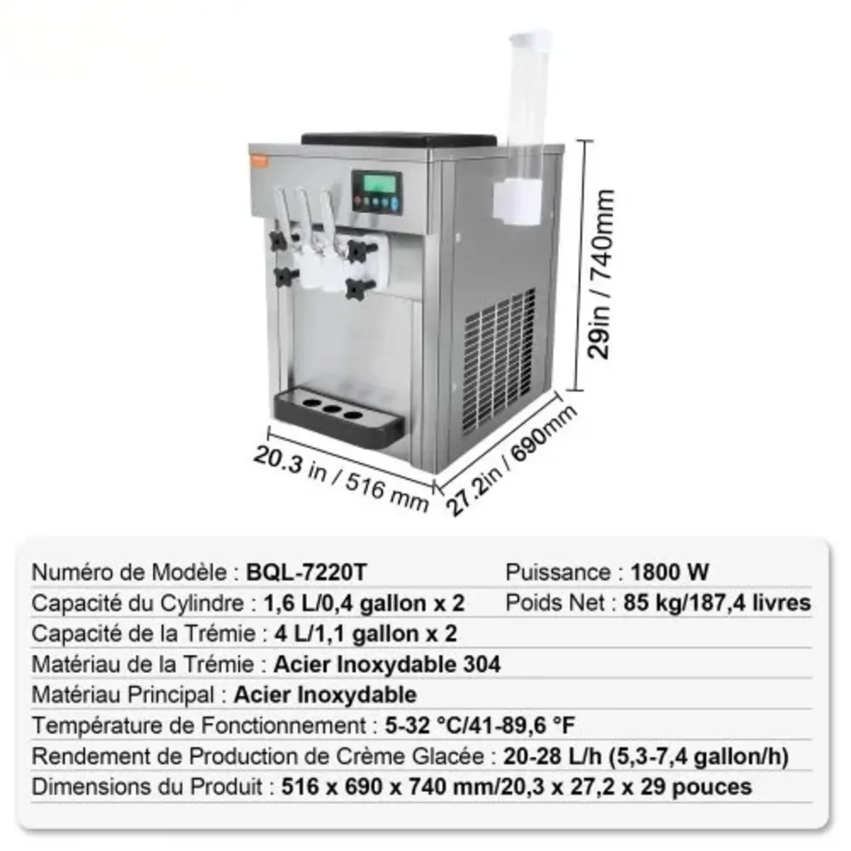 Ice Cream Machine, 21 QT/H Yield, 1800W 3-Flavor C - Image 3