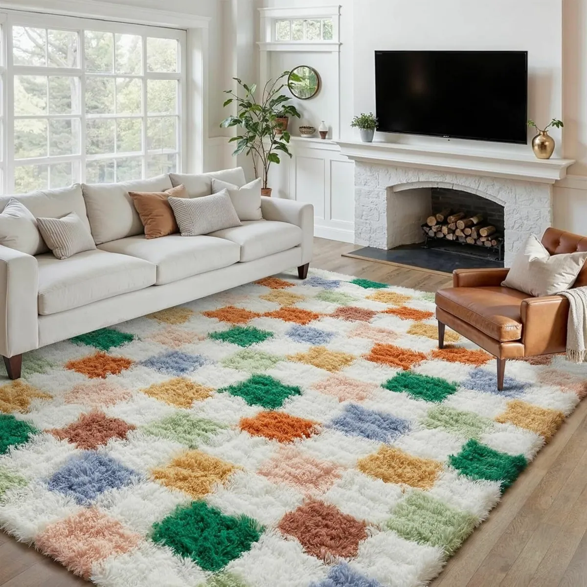 Fluffy Checkered Rugs Living Room Large Area Rug - Image 1