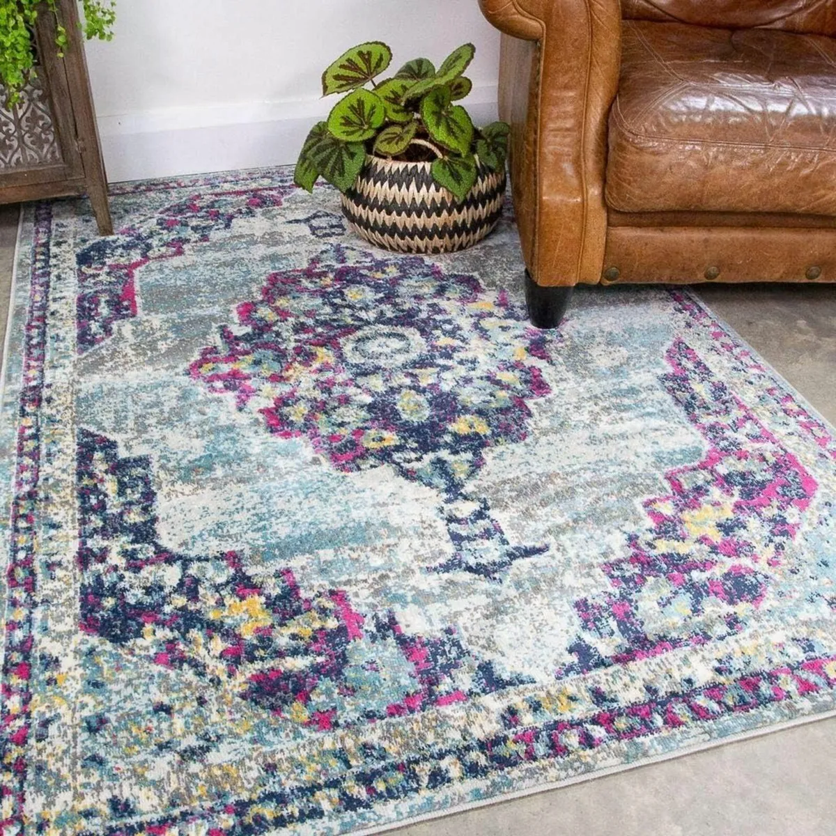 Luxury Large Blue Pink Traditional Distressed Rug - Image 1