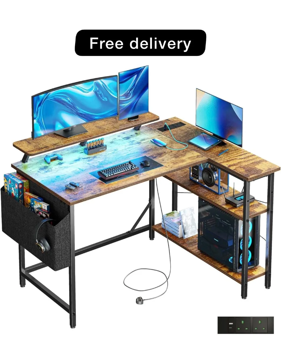 L Shaped Gaming Desk with LED Lights & Power Outle - Image 1