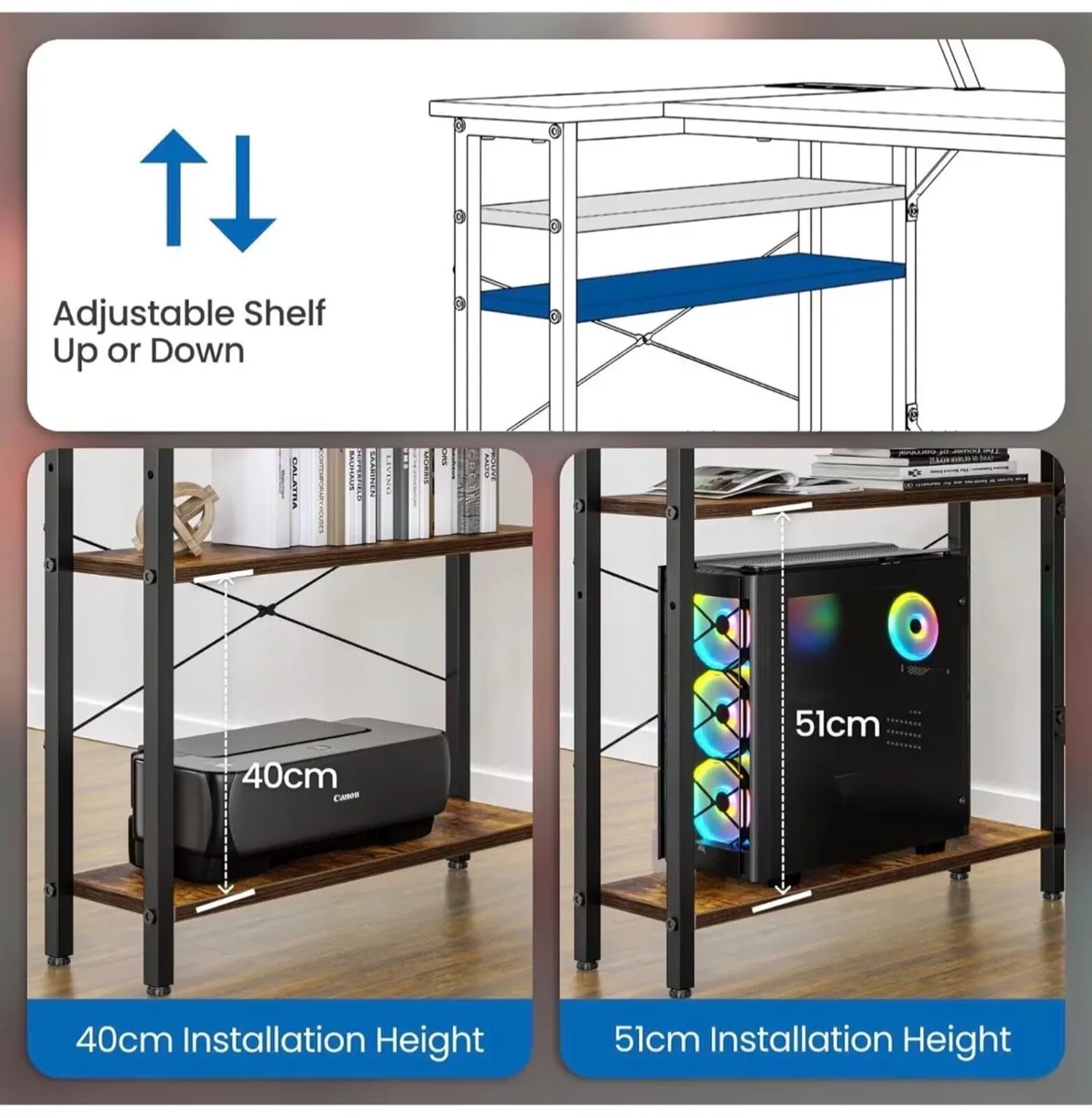 L Shaped Gaming Desk with LED Lights & Power Outle - Image 3