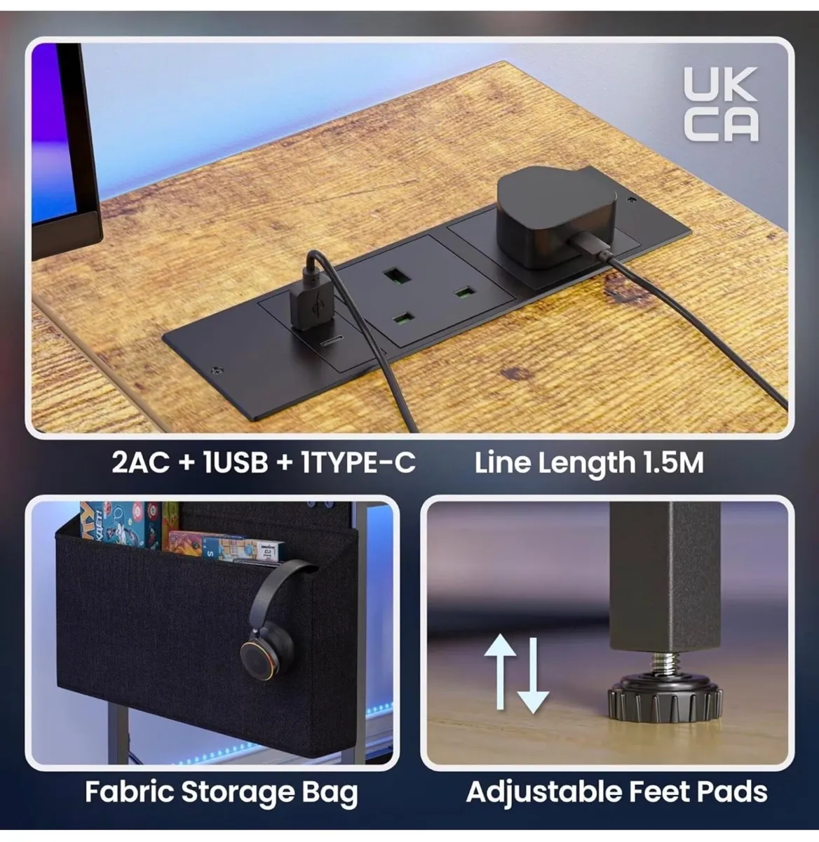 L Shaped Gaming Desk with LED Lights & Power Outle - Image 4