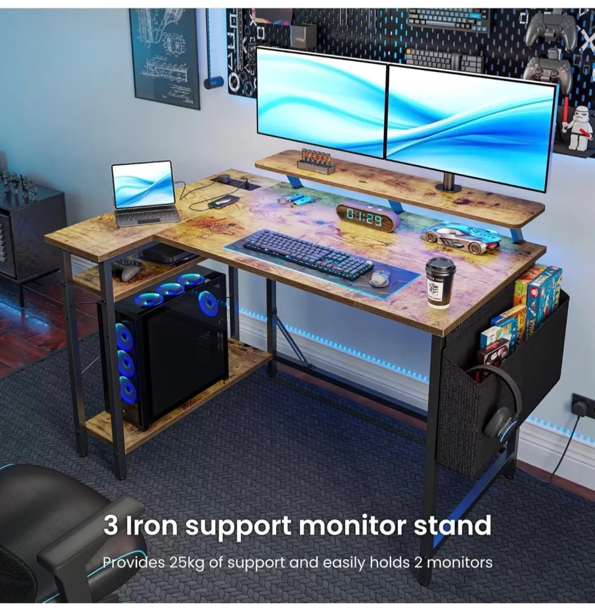 L Shaped Gaming Desk with LED Lights & Power Outle - Image 1