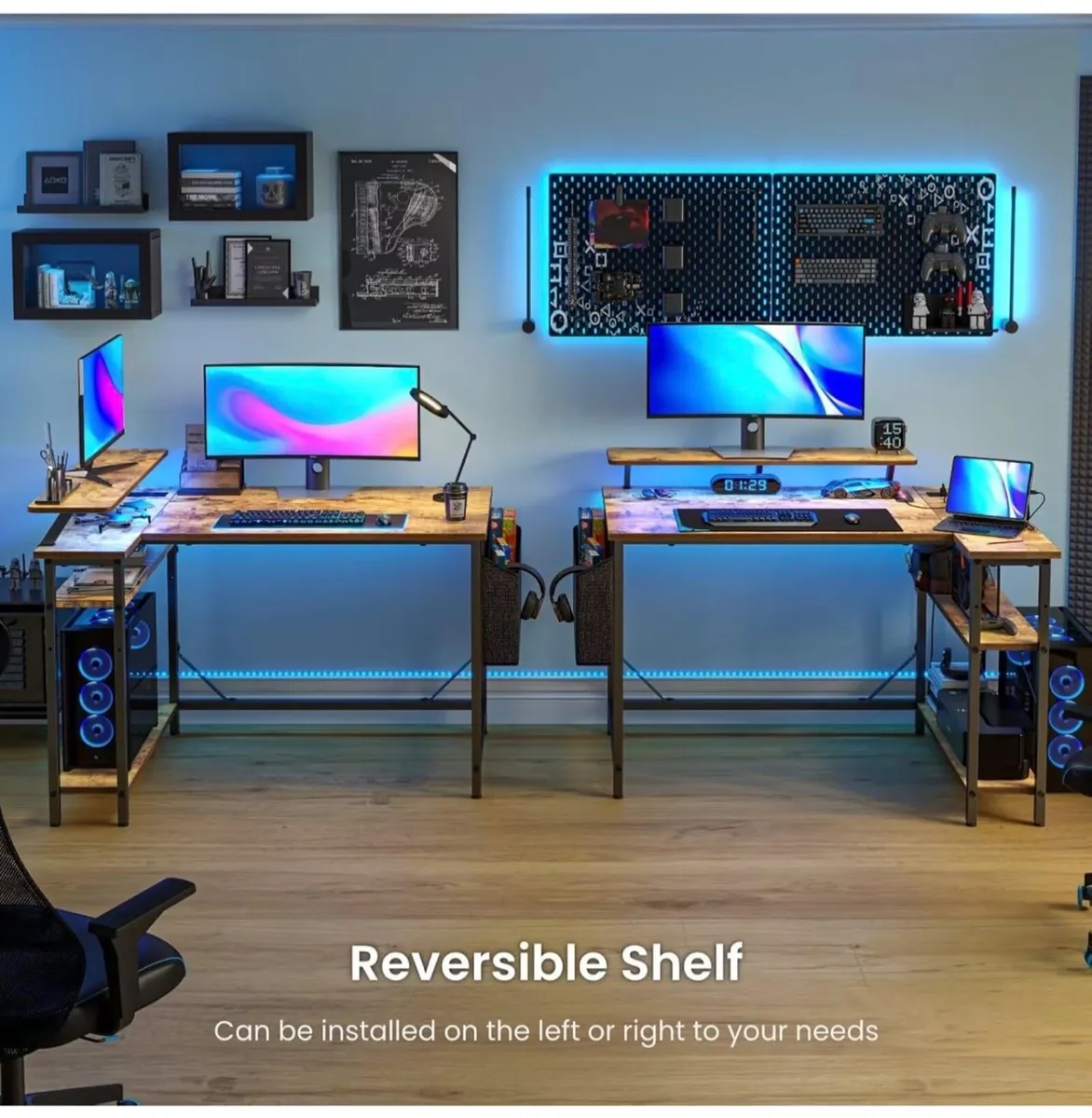 L Shaped Gaming Desk with LED Lights & Power Outle - Image 2