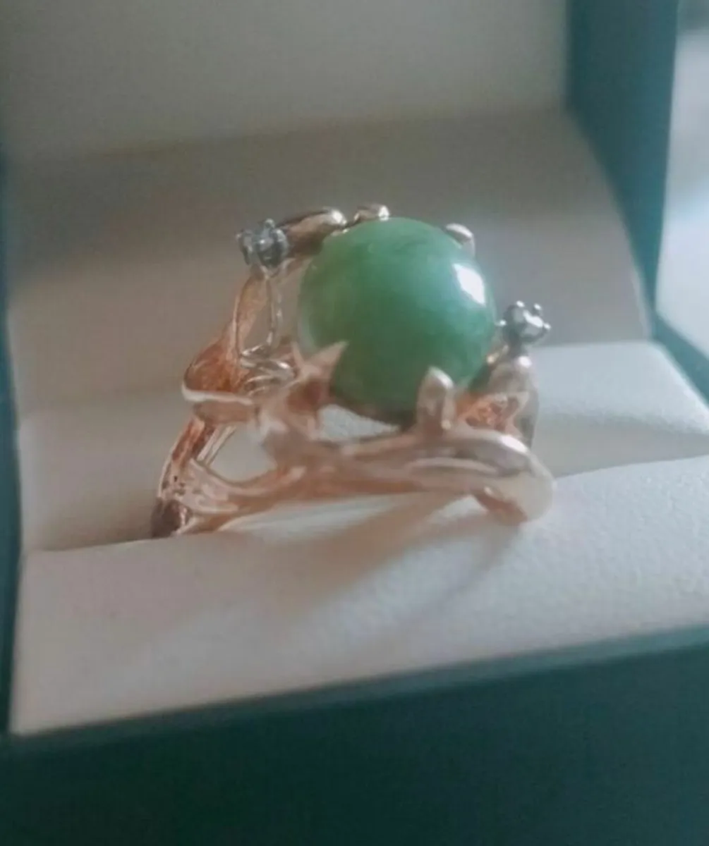 Jade diamond 14 ct ring - Image 1