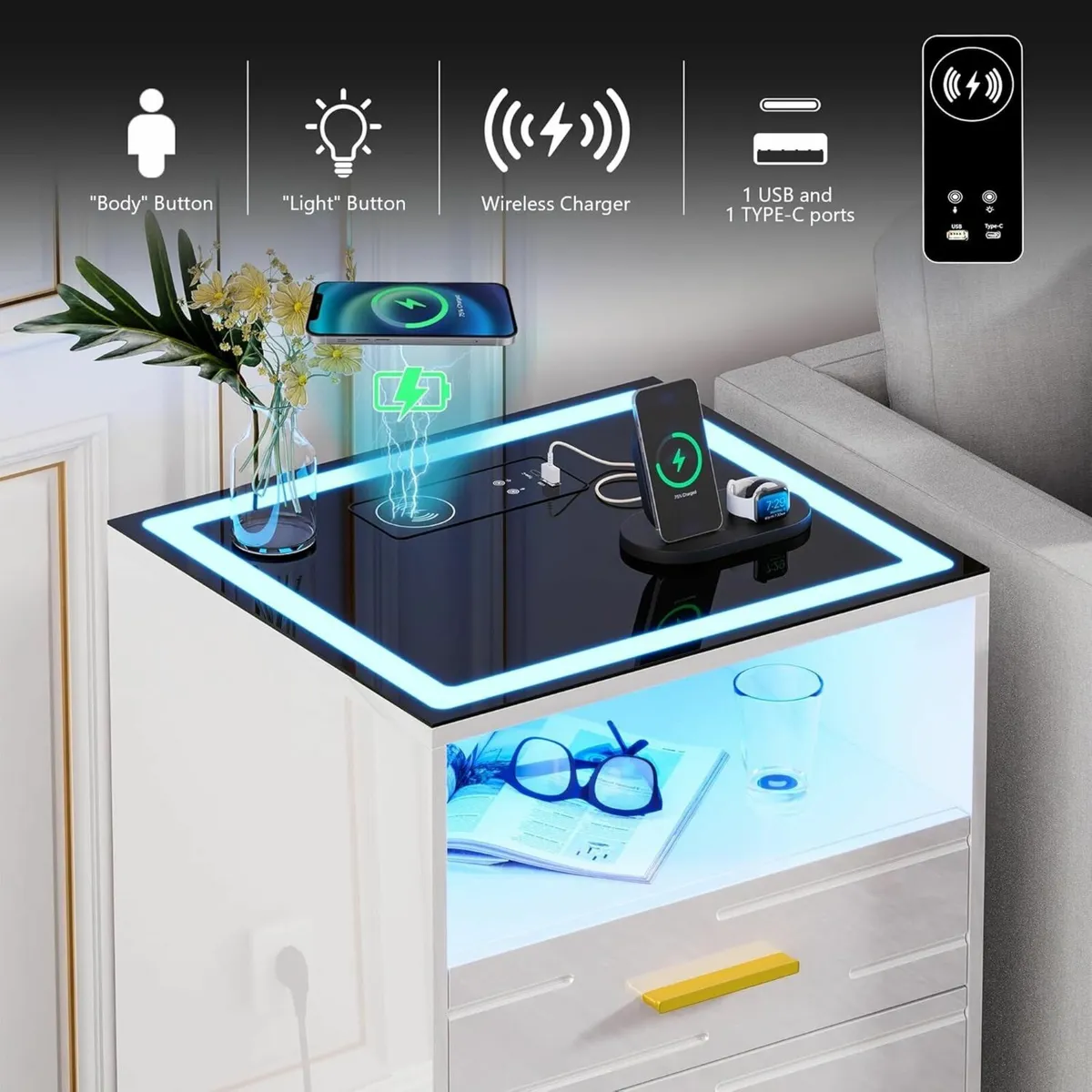 LED Bedside Table with Wireless Charging Station - Image 3