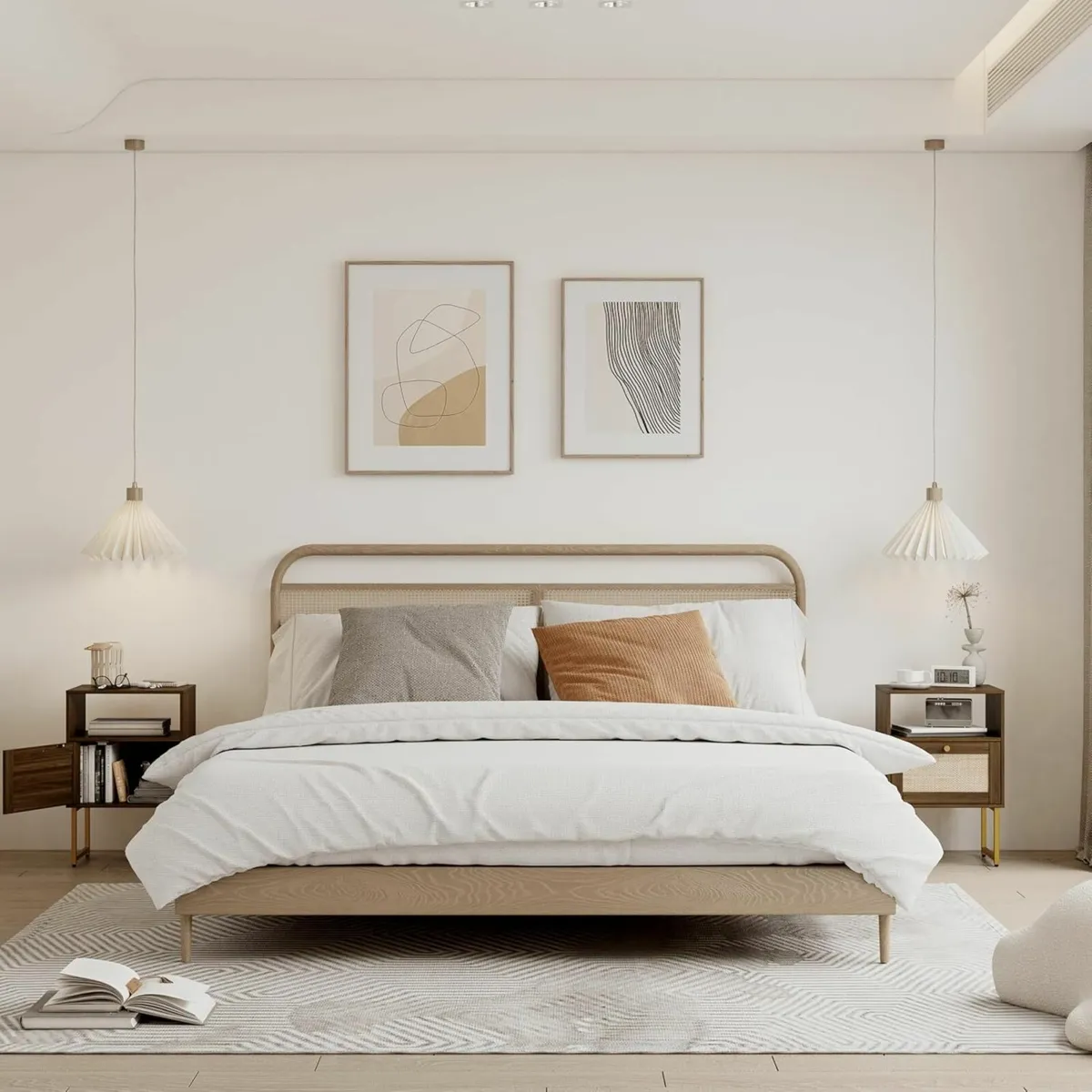 Rattan Bedside Table Farmhouse Wood Nightstand - Image 3