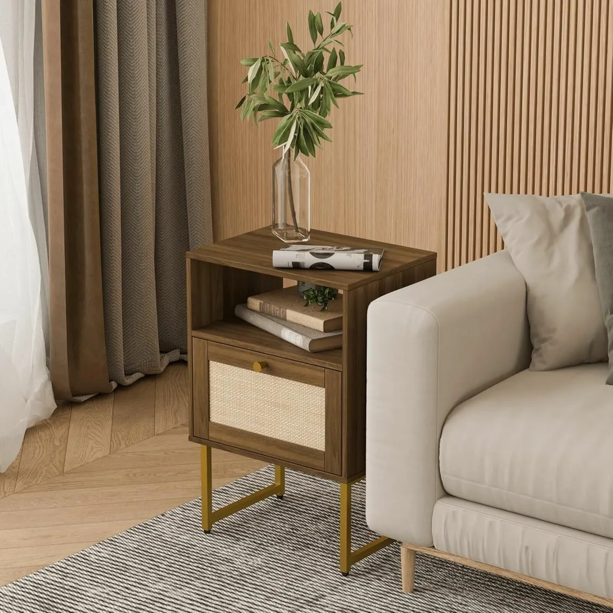 Rattan Bedside Table Farmhouse Wood Nightstand - Image 4