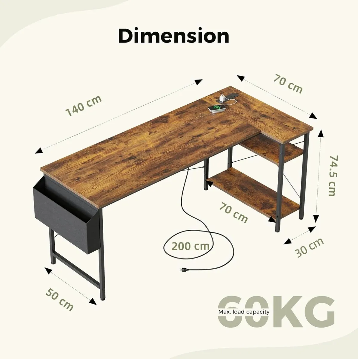 Small L Shaped Desk with Power Outlets 140x70 cm - Image 2
