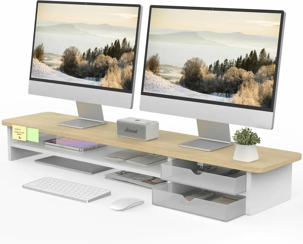 Dual Monitor Stand Riser with 2 Acrylic Storage - Image 1