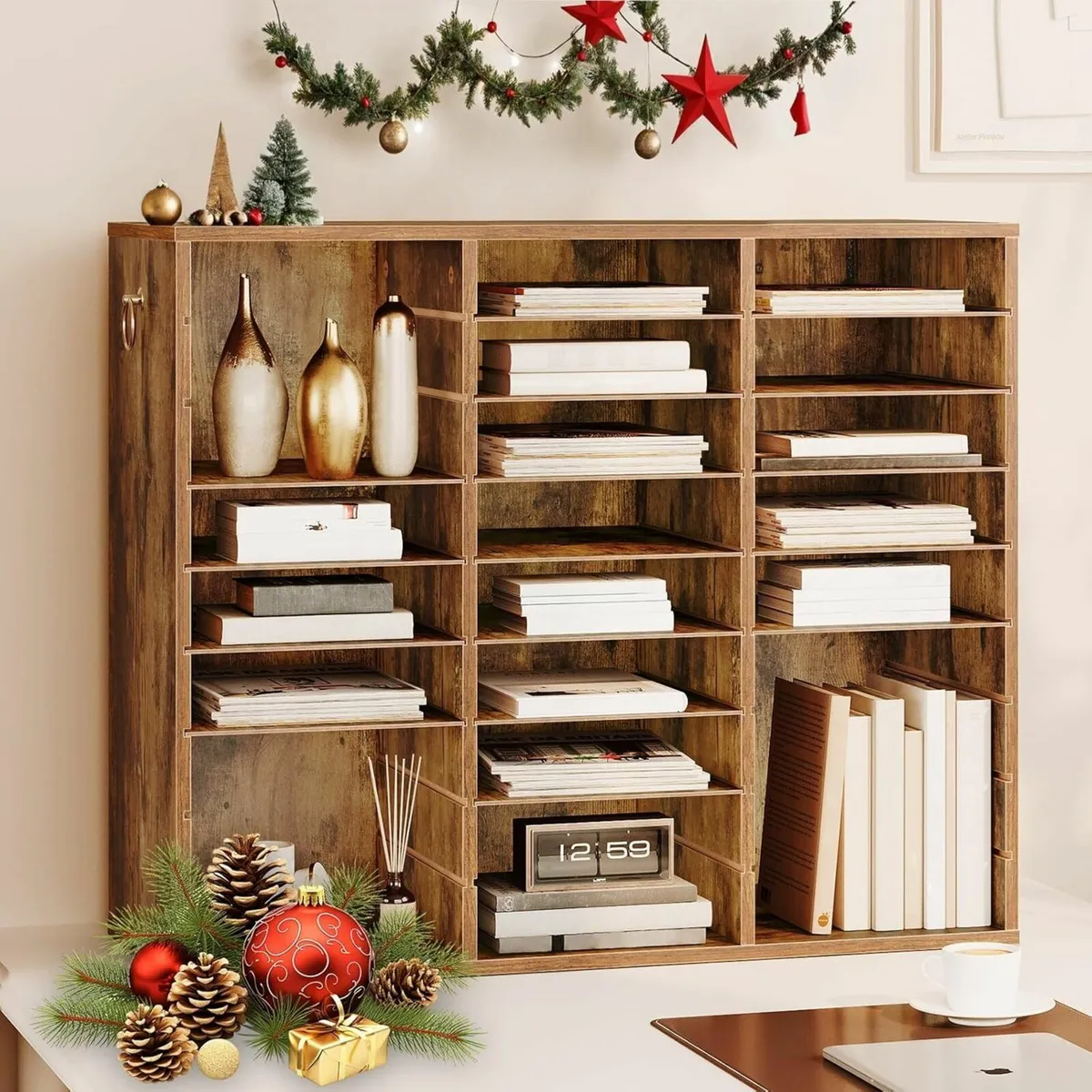 9 Tier Desktop Filing Tray 27-Compartment Wooden - Image 2