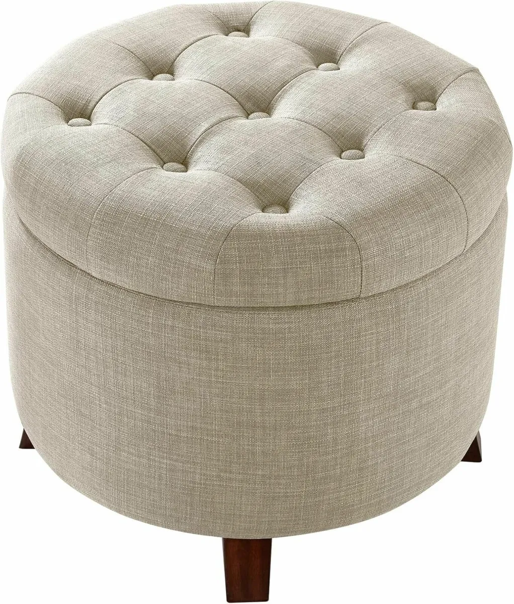 Upholstered Linen Tufted Storage Round Ottoman - Image 4