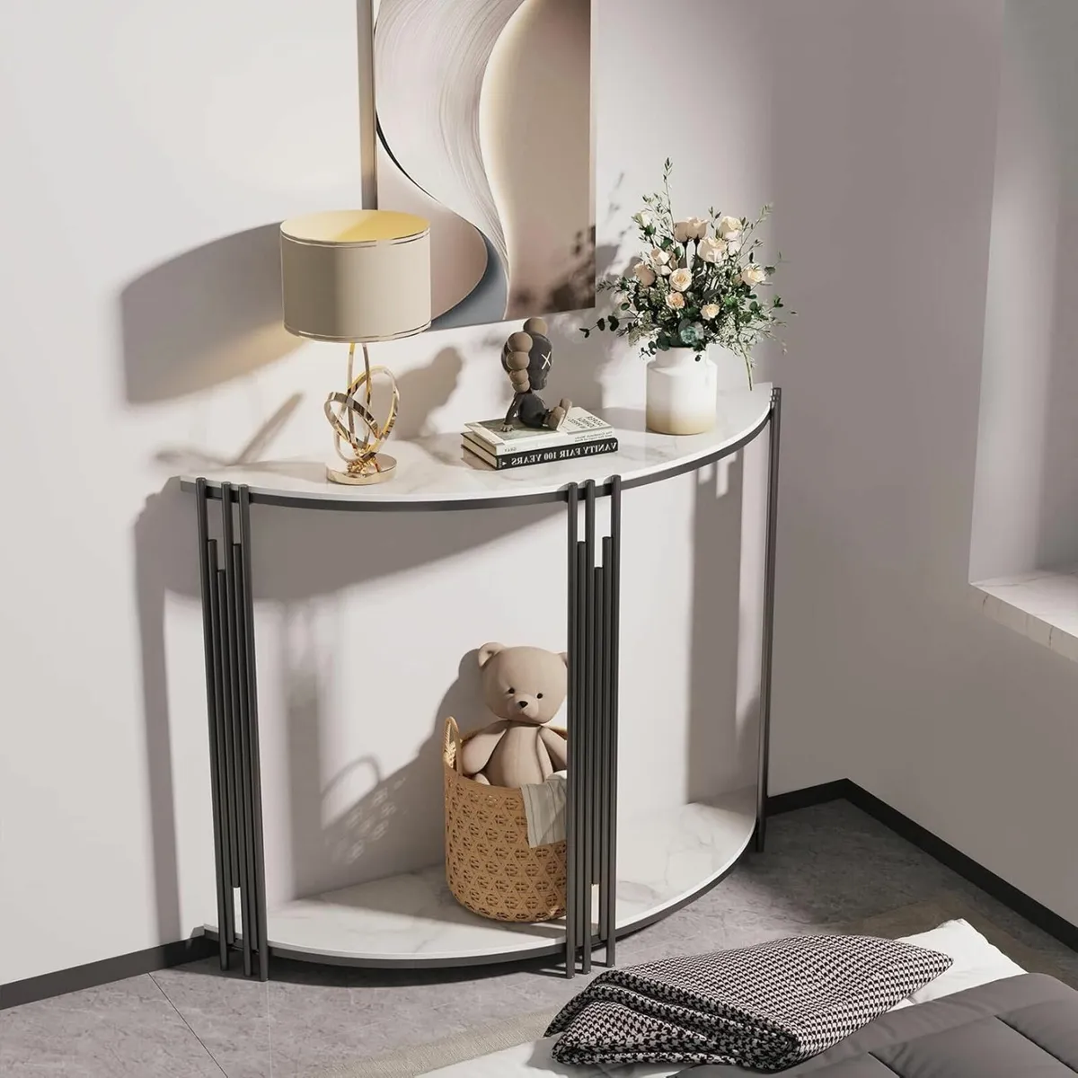 Half Moon Console Table Hallway: 2-Tier White - Image 2