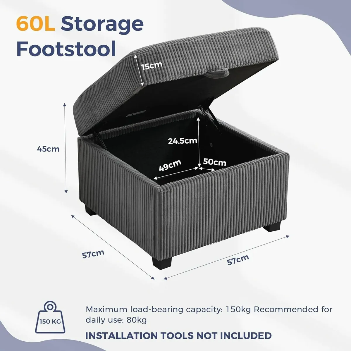 Ottoman with Storage 57CM Corduroy Footstool - Image 2