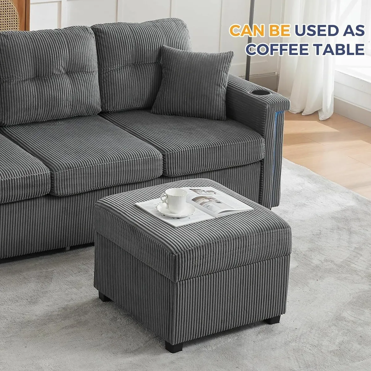 Ottoman with Storage 57CM Corduroy Footstool - Image 3