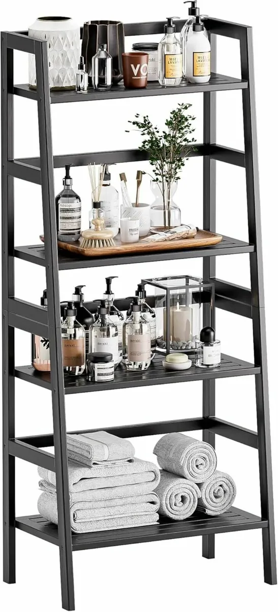 Black Bookshelf 4-Tier Ladder Shelf Open Bamboo - Image 1