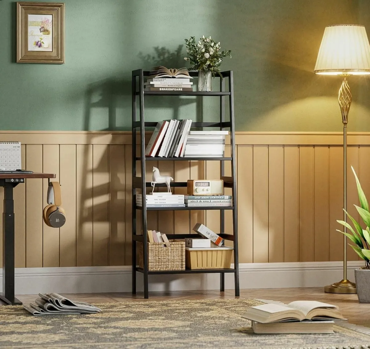 Black Bookshelf 4-Tier Ladder Shelf Open Bamboo - Image 2