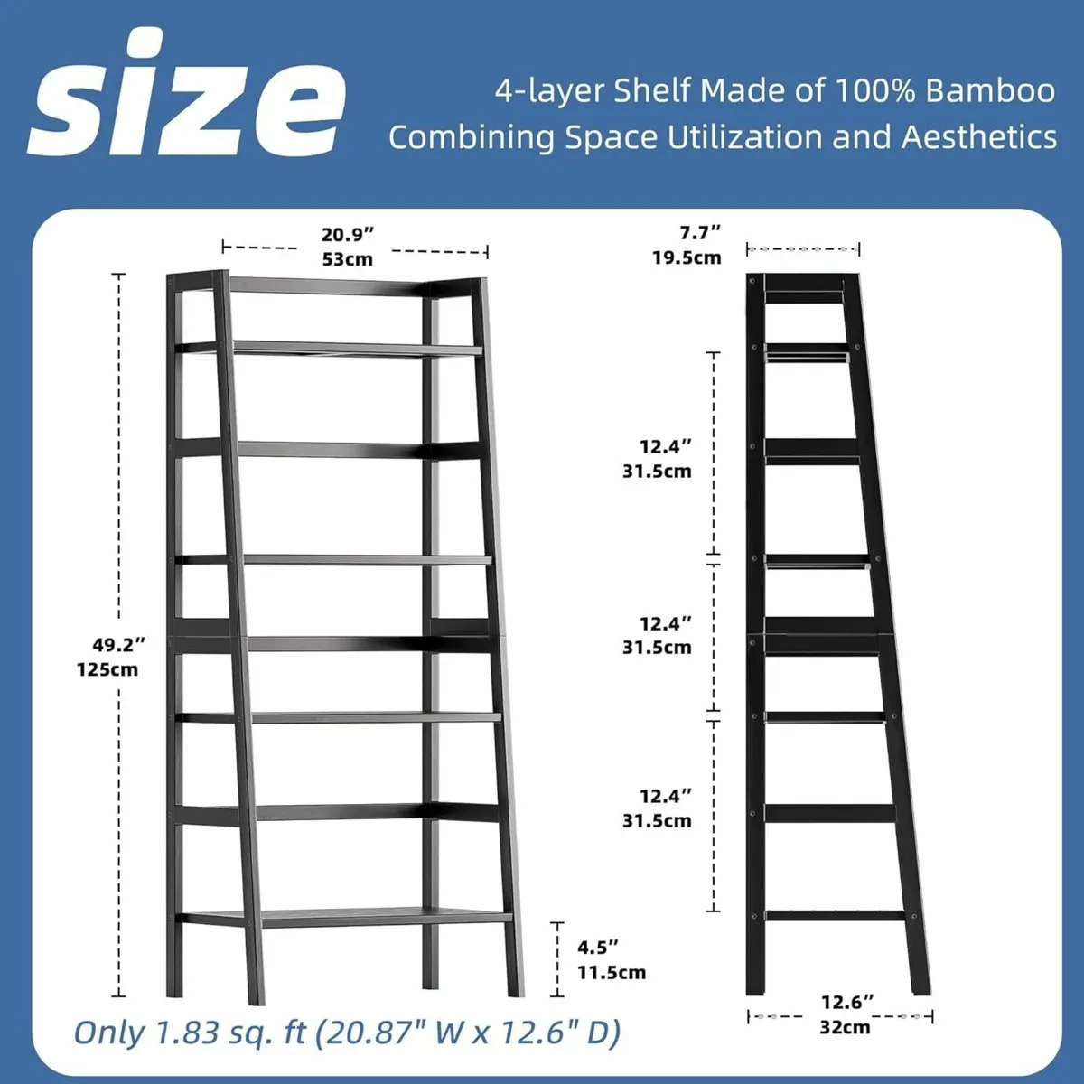 Black Bookshelf 4-Tier Ladder Shelf Open Bamboo - Image 3