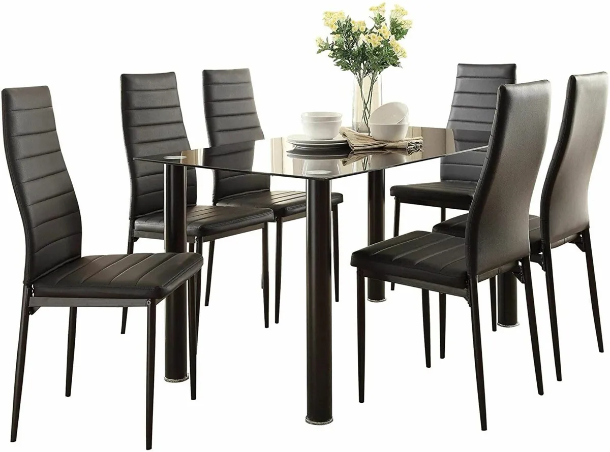Modern Glass Dining Table Set Seats 6, black - Image 1