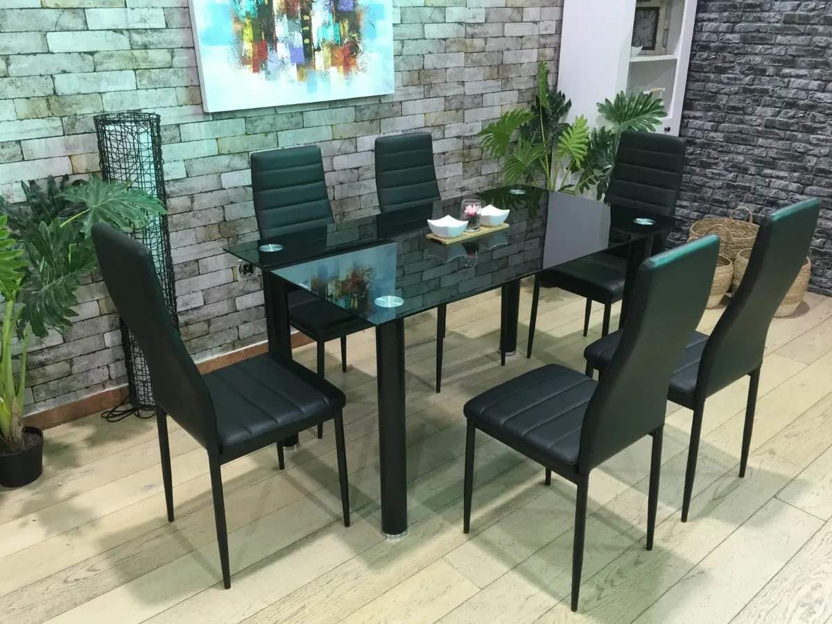 Modern Glass Dining Table Set Seats 6, black - Image 3