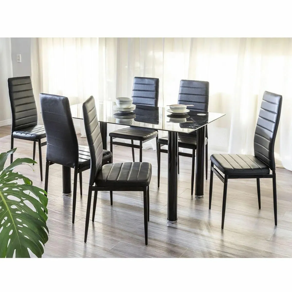 Modern Glass Dining Table Set Seats 6, black - Image 1