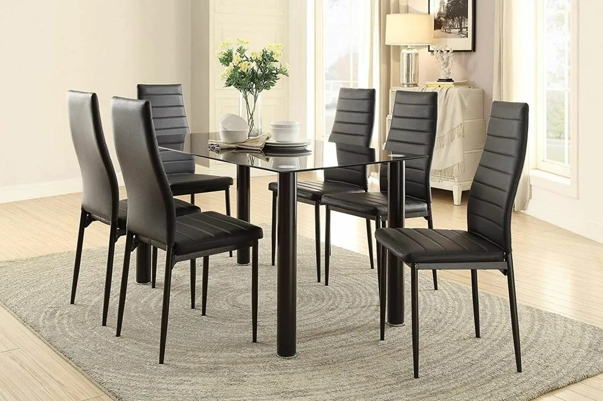 Modern Glass Dining Table Set Seats 6, black - Image 1