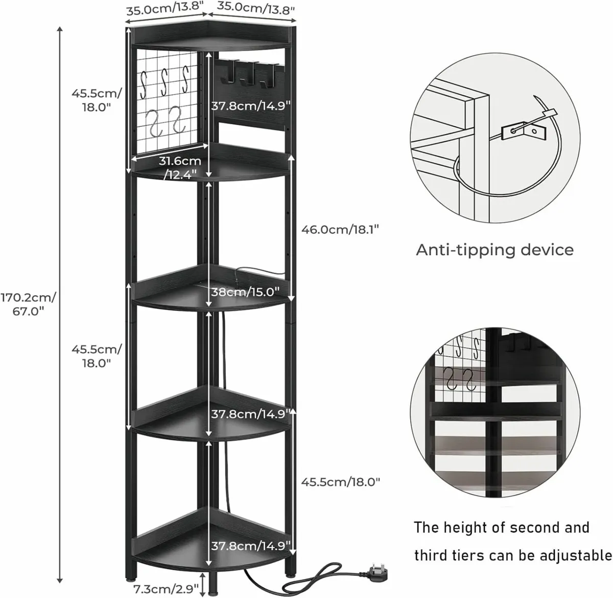 Corner Shelf with Power Outlets Strip Lights 5 - Image 2