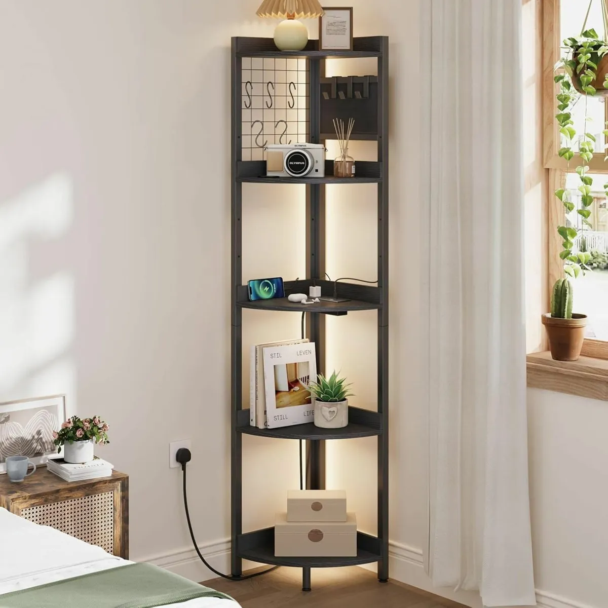 Corner Shelf with Power Outlets Strip Lights 5 - Image 4
