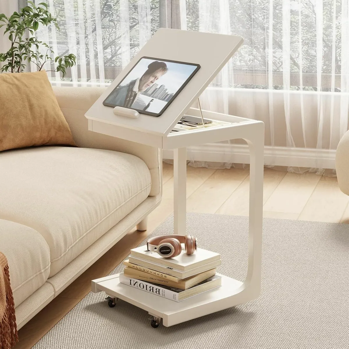 C-Shaped Side Table Wood Bedside Sofa with Wheels - Image 1