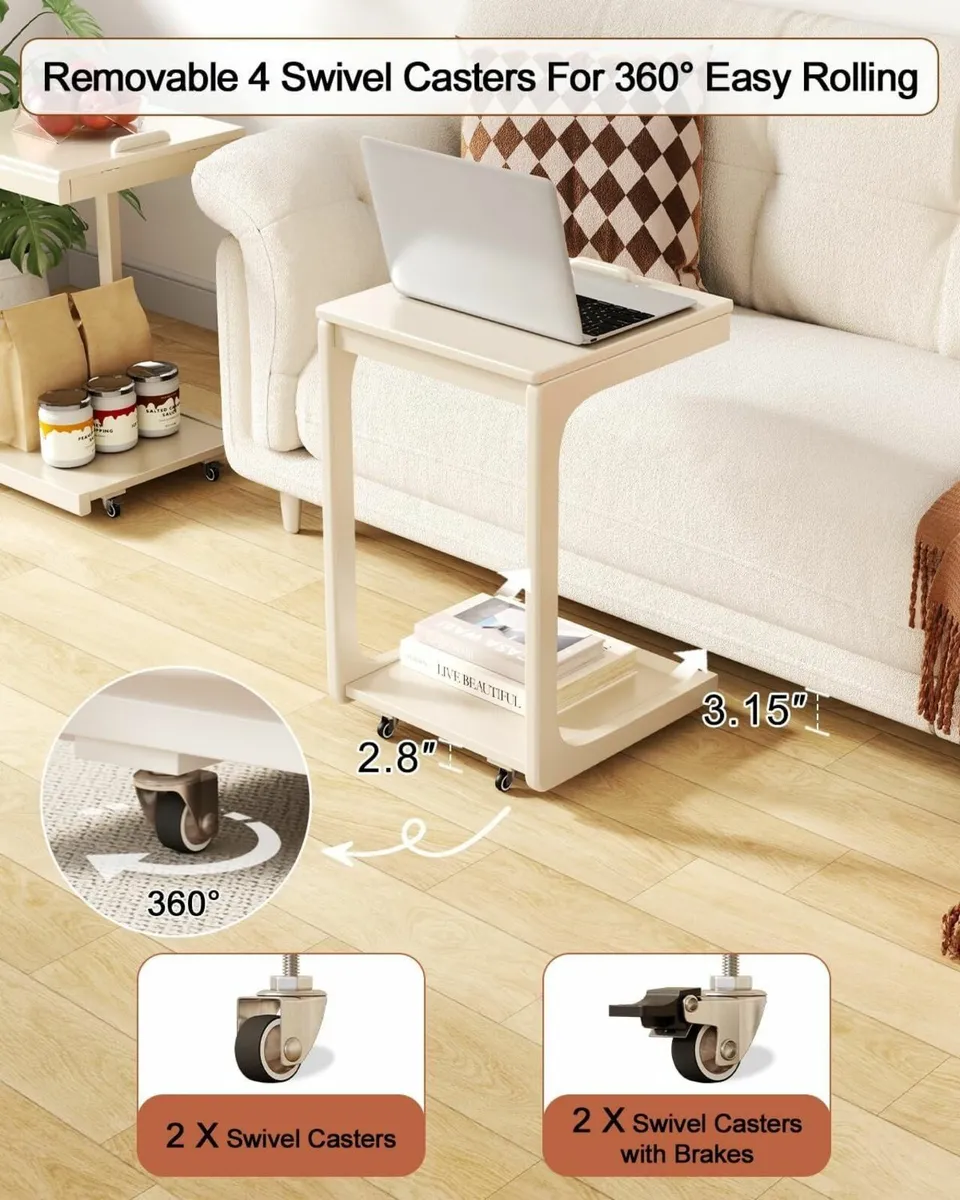 C-Shaped Side Table Wood Bedside Sofa with Wheels - Image 3