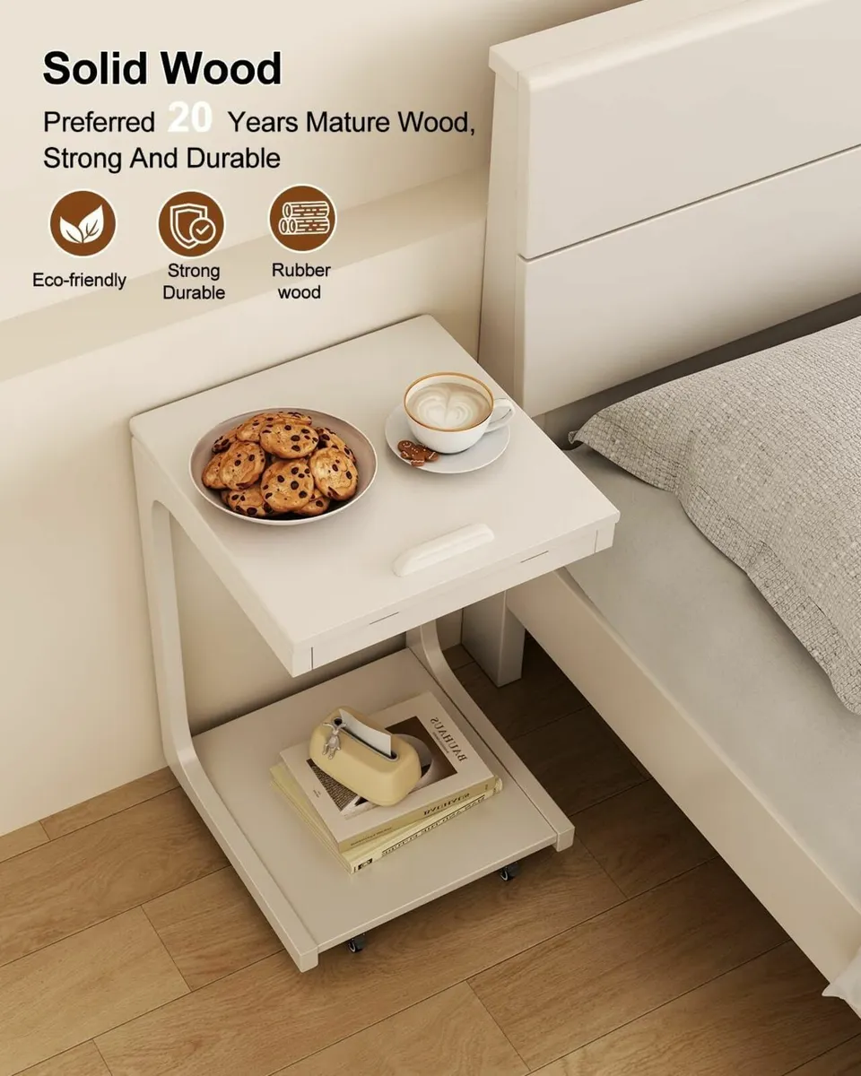 C-Shaped Side Table Wood Bedside Sofa with Wheels - Image 4