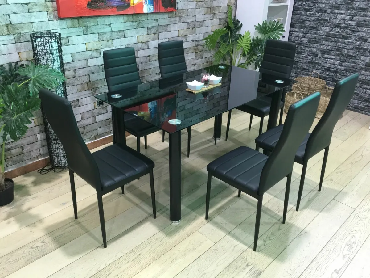Modern Glass Dining Table Set Seats 6, black - Image 3