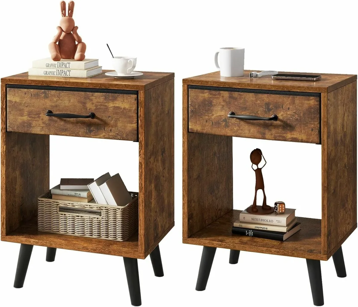 Nightstand Set of 2 Bedside Table Side with - Image 1