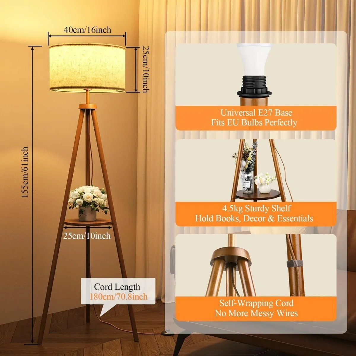 Tripod Floor Lamp with Storage Shelves - 12W - Image 2