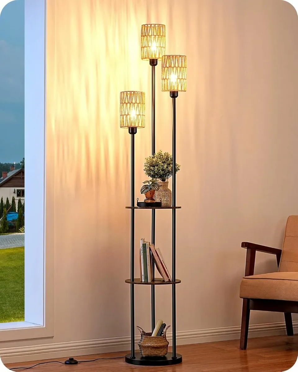 Boho Floor Lamp with Shelves 3-Lights 70 Rattan - Image 2