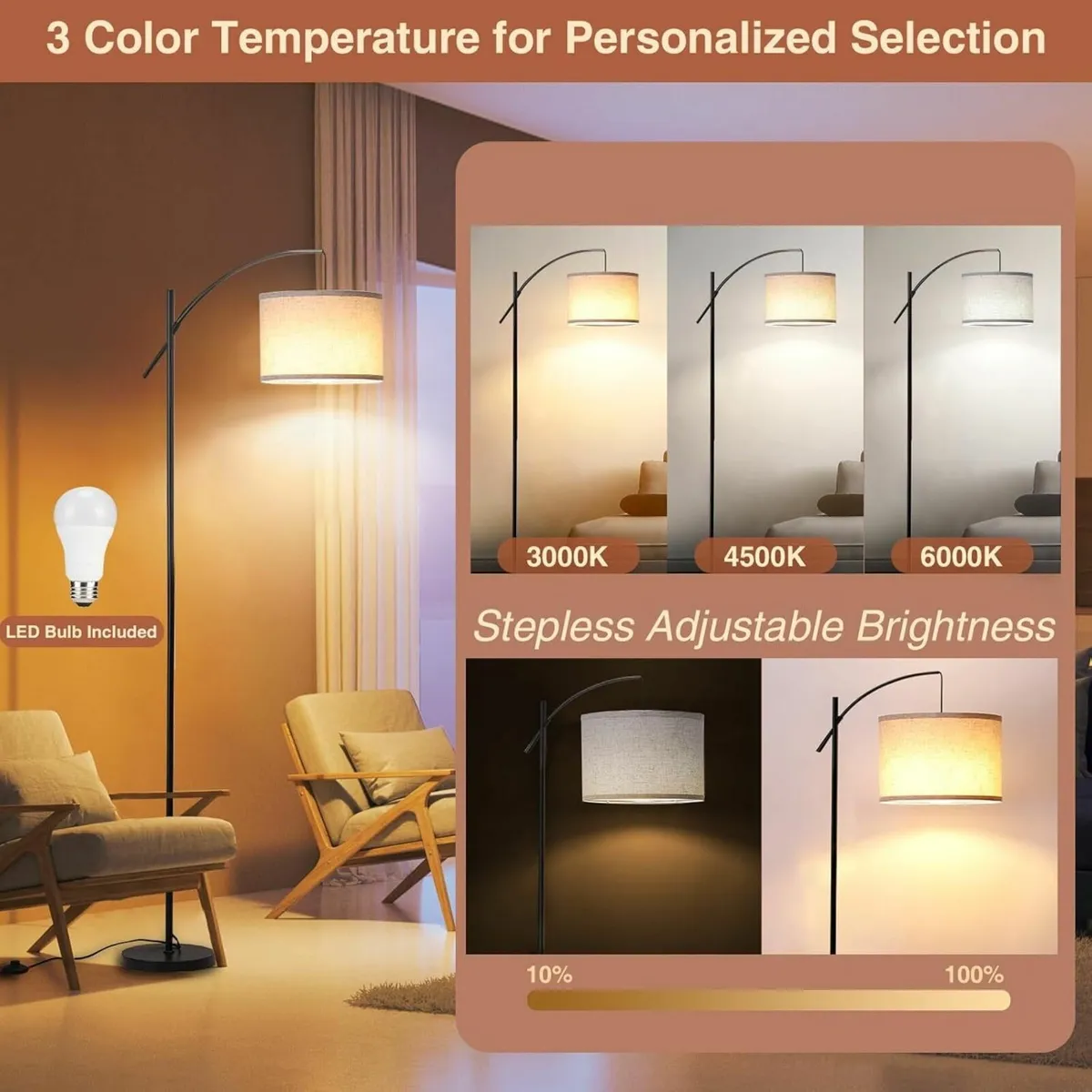 73.8'' Arc Floor Lamp with 9w Bulb Stepless - Image 2