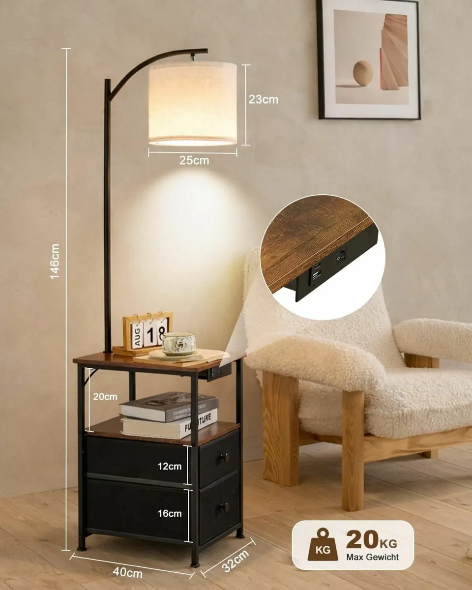 Floor Lamp with Table and 2 Drawers Nightstand - Image 2