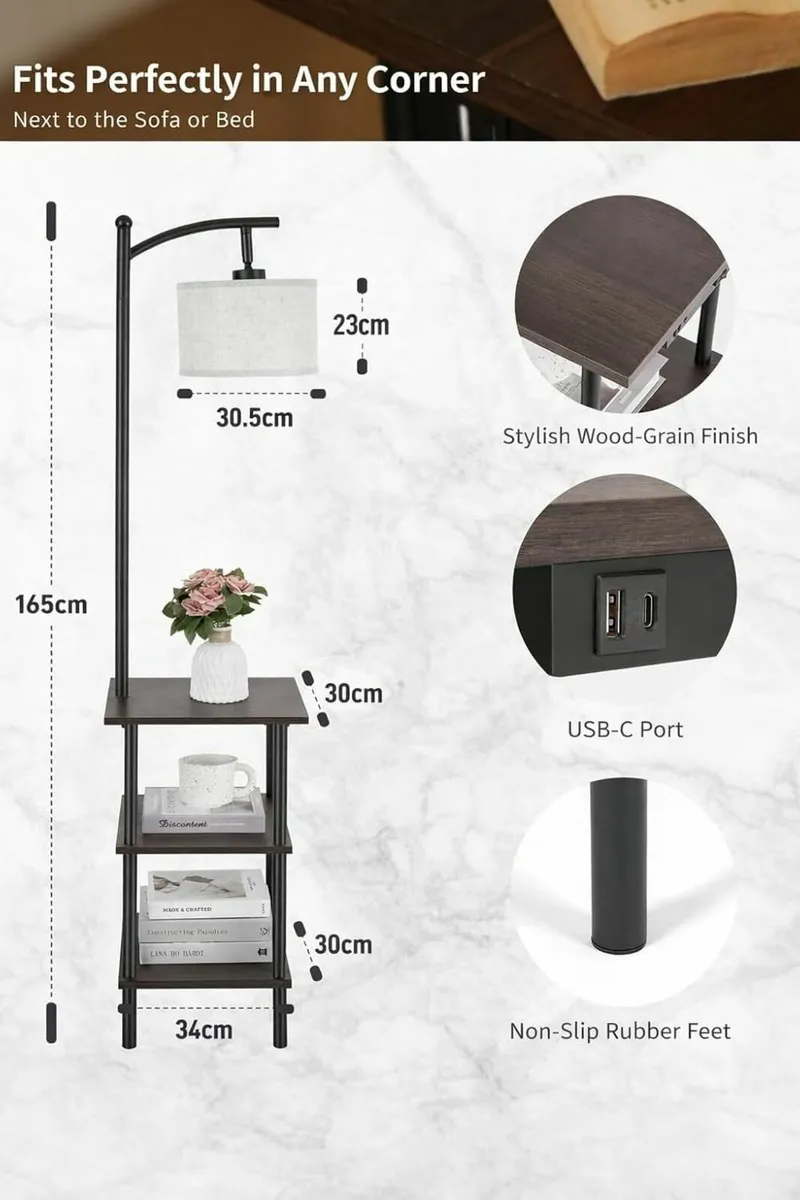 Walnut Wood Floor Lamp with Shelf Adjustable - Image 3