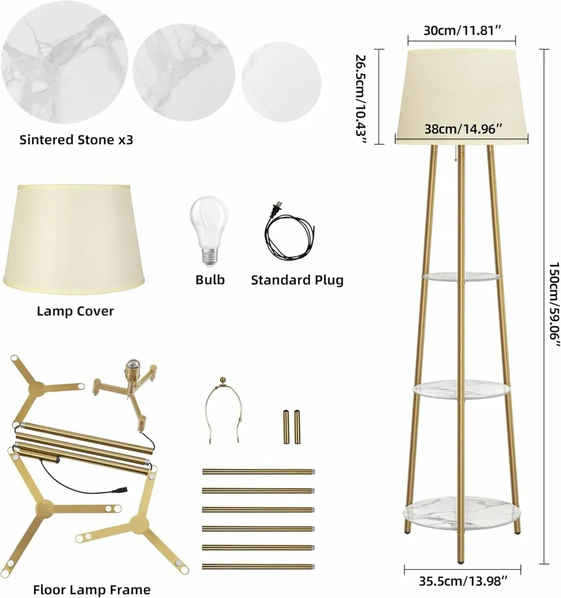Floor Lamp with Shelves: Tripod Gold Sintered - Image 4