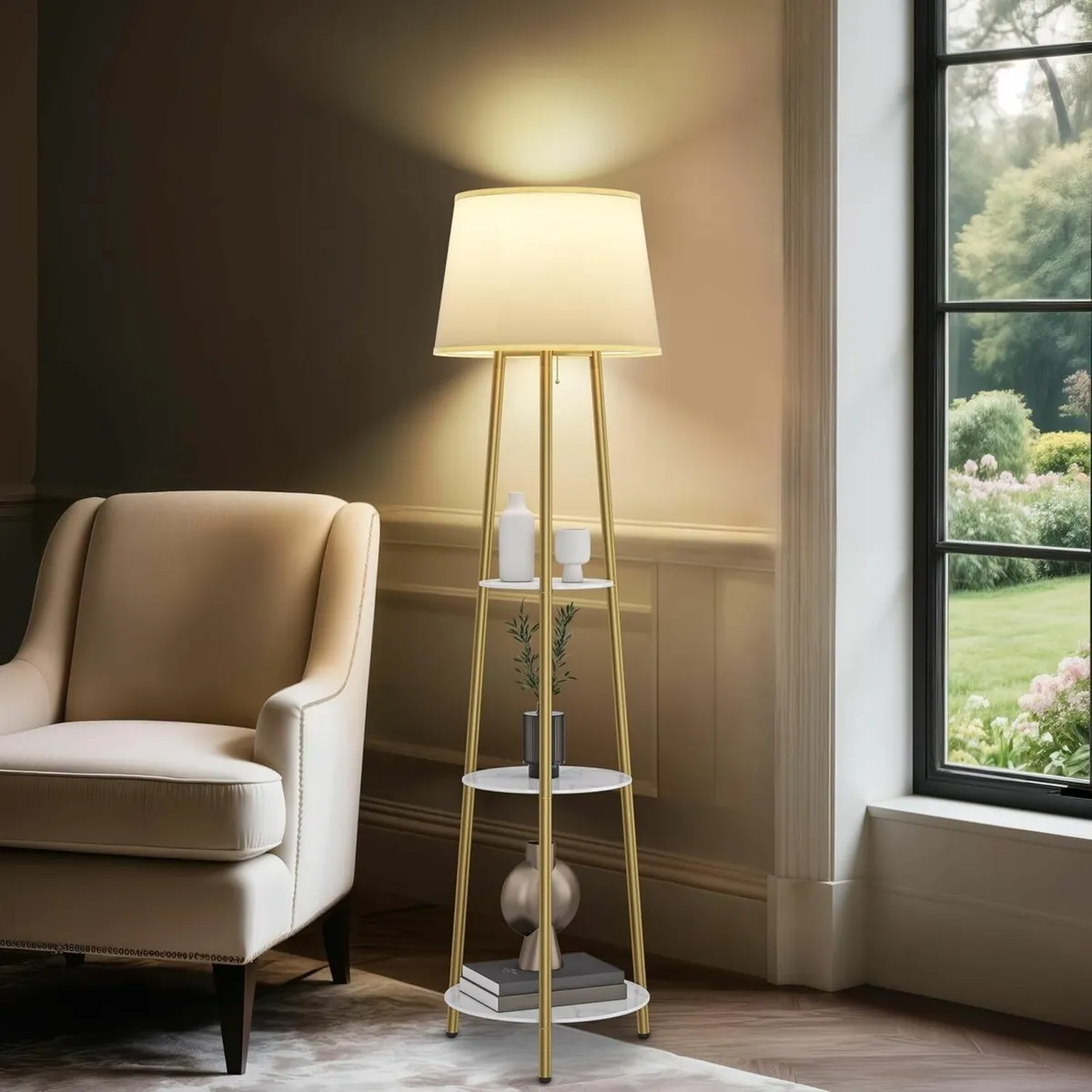 Floor Lamp with Shelves: Tripod Gold Sintered - Image 2