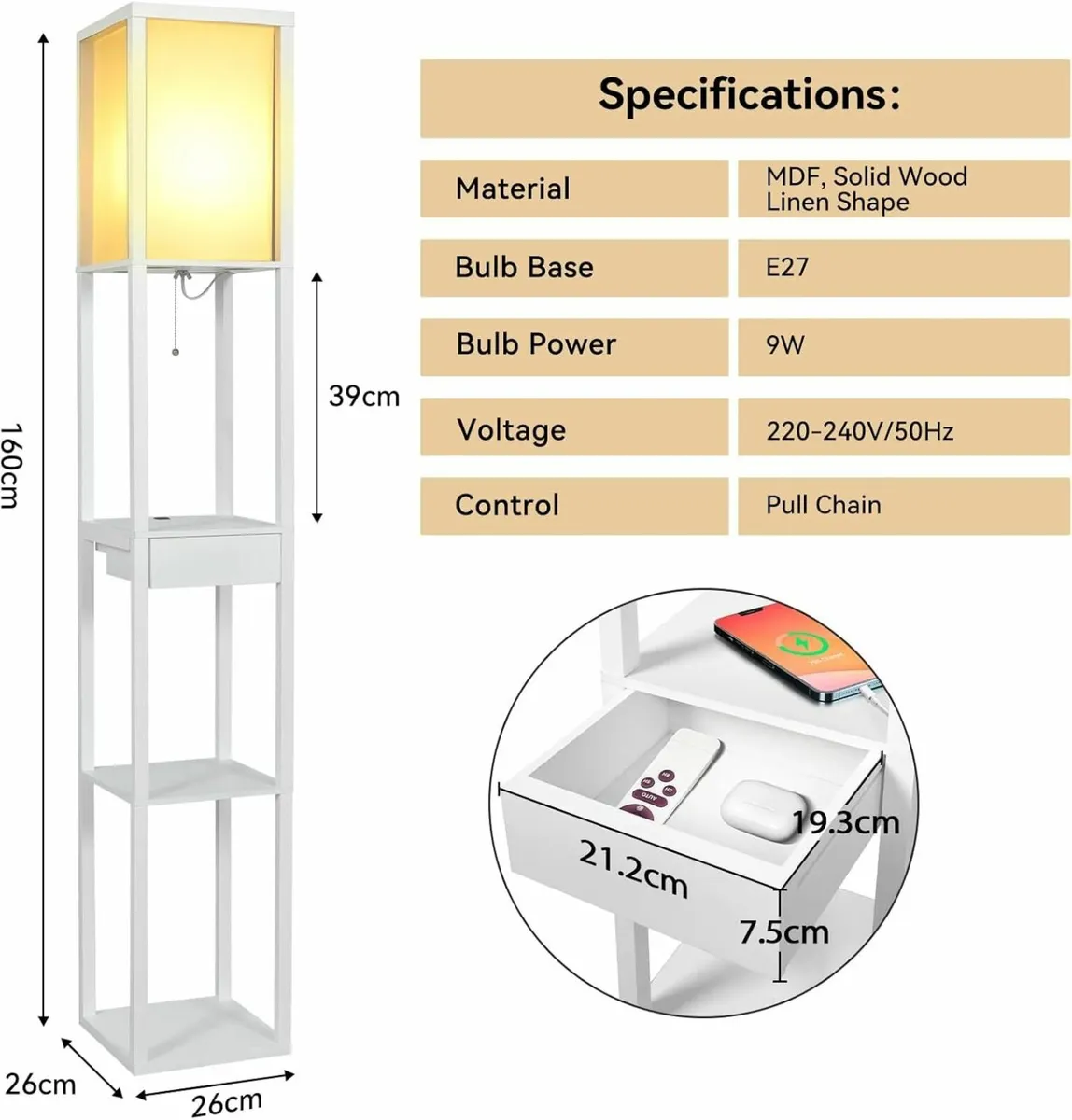 Floor Lamp with Shelves 3 Tier Storage Standing - Image 3