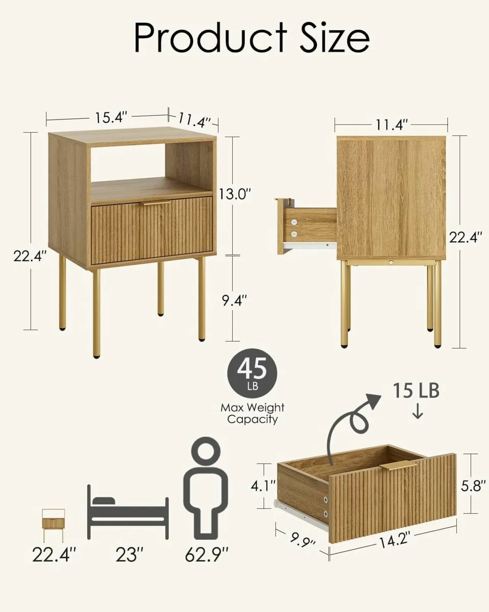 Bedside Table Small Tables with 1 Drawers Wooden - Image 2