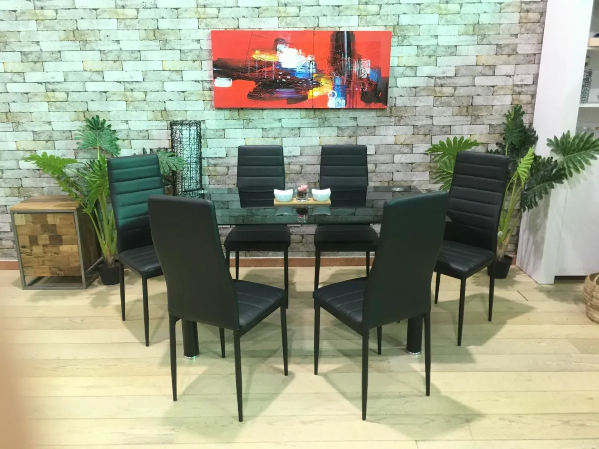 Modern Glass Dining Table Set Seats 6, black - Image 2
