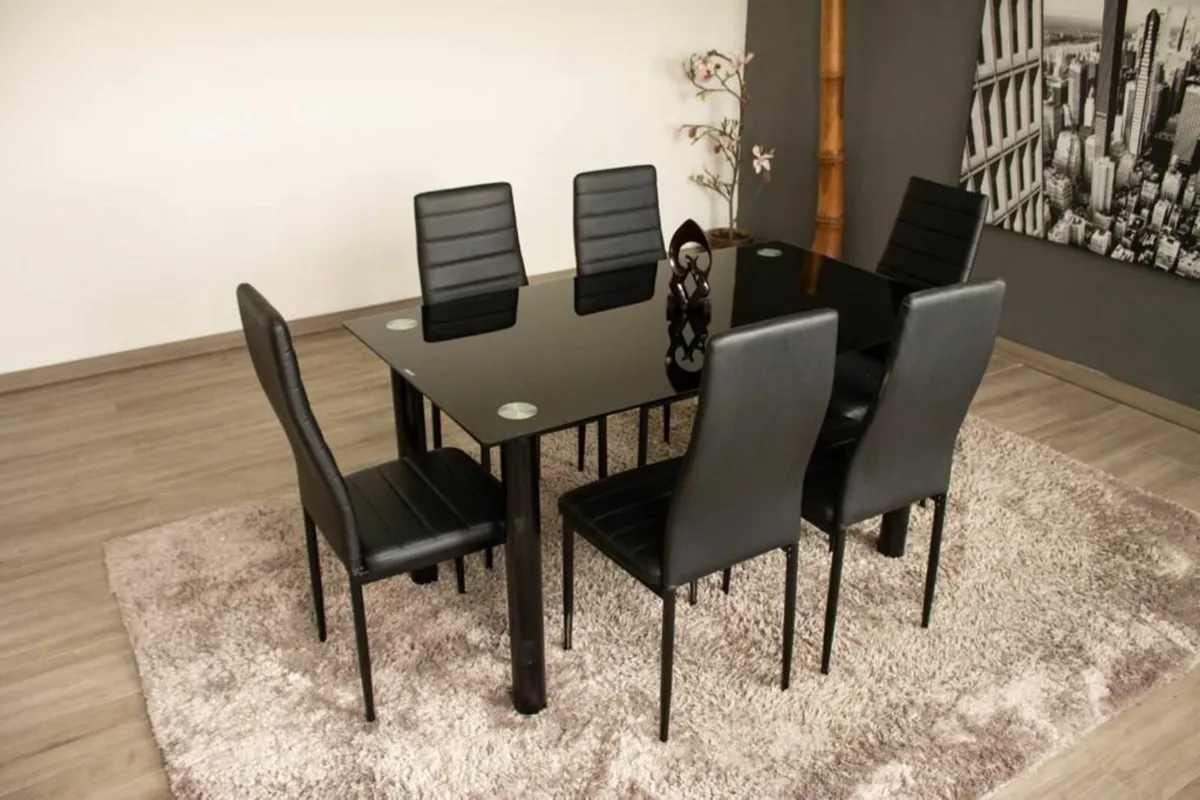 Modern Glass Dining Table Set Seats 6, black - Image 1