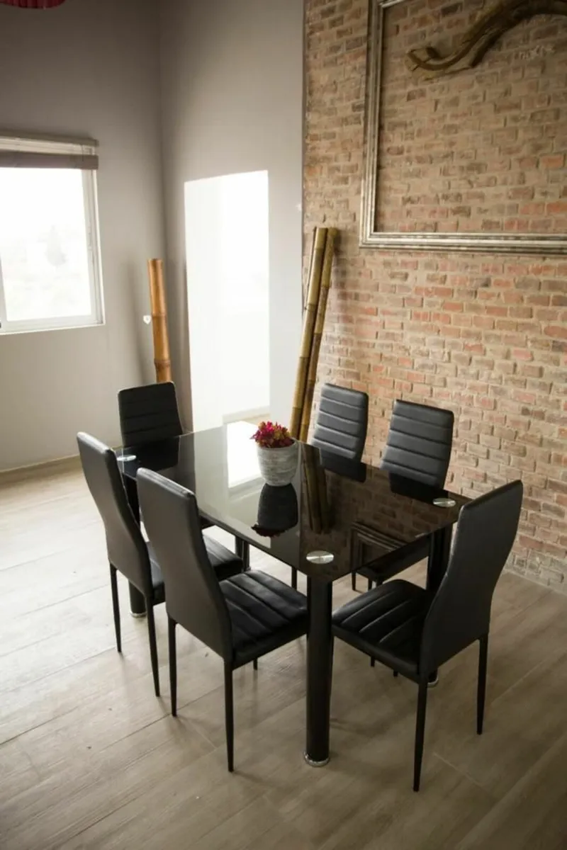 Modern Glass Dining Table Set Seats 6, black - Image 2