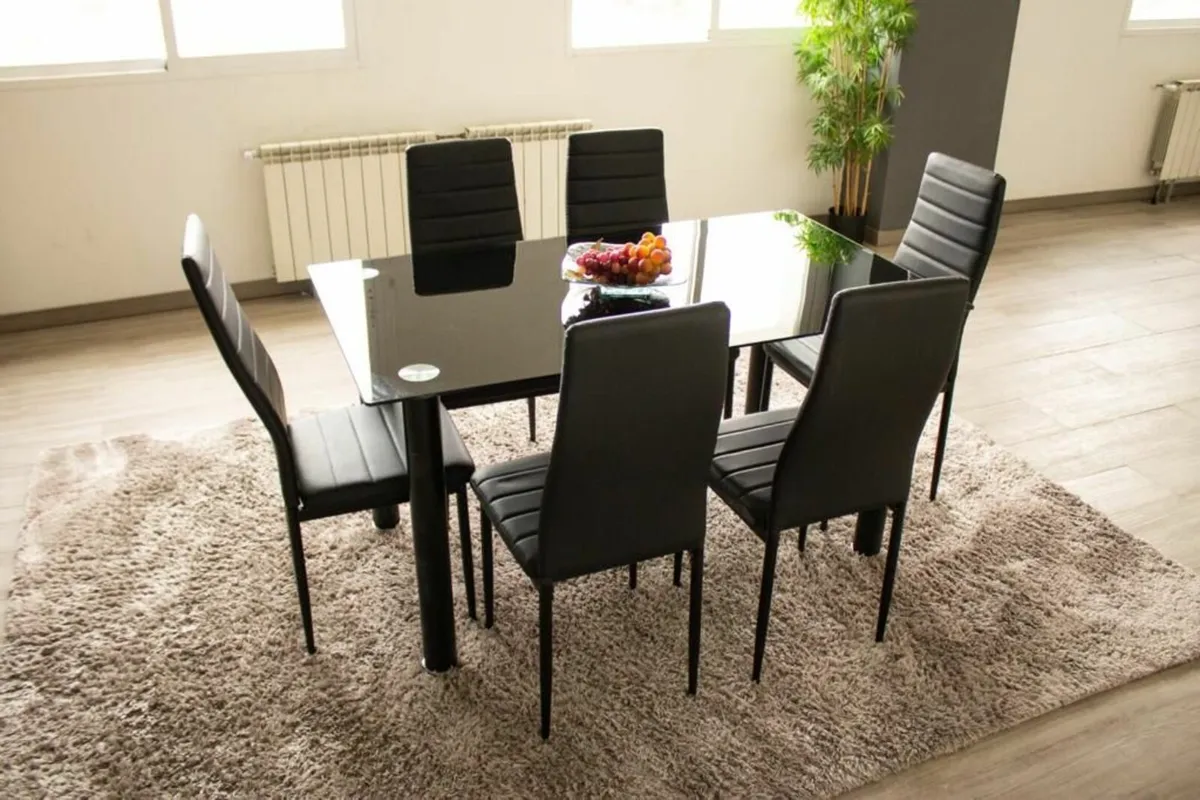 Modern Glass Dining Table Set Seats 6, black - Image 4