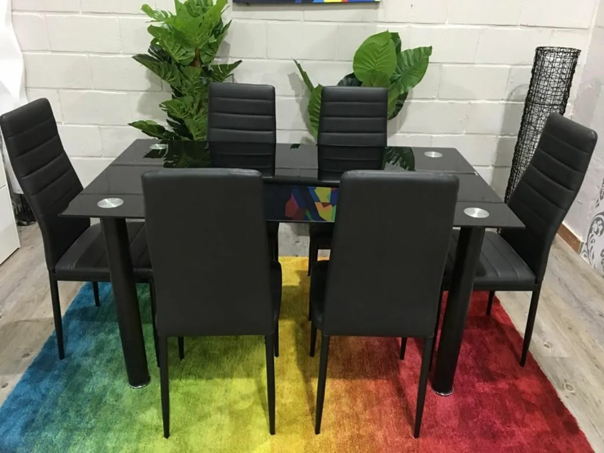 Modern Glass Dining Table Set Seats 6, black - Image 3